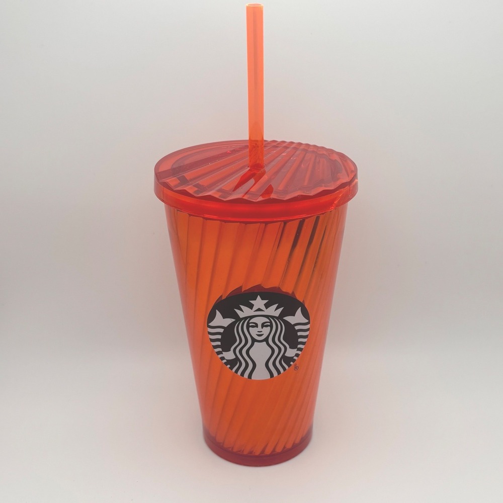 Starbucks Orange Pleated Ribbed Cold Cup Tumbler 16oz Grande with Straw Lid